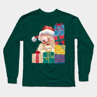 Funny Santa Claus Peaking And Winking With Gifts Long Sleeve T-Shirt